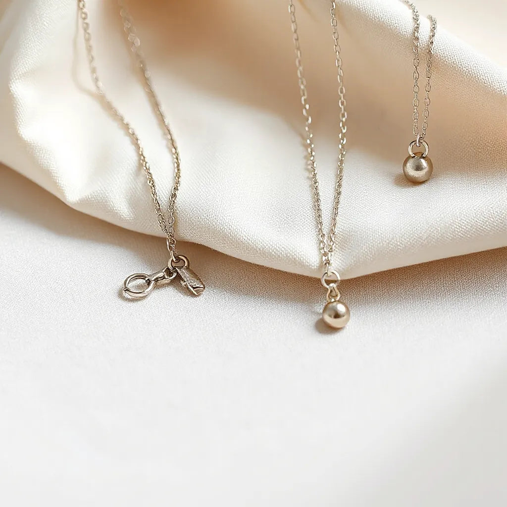 Layered sterling silver necklaces with different chain lengths and small pendants on neutral fabric