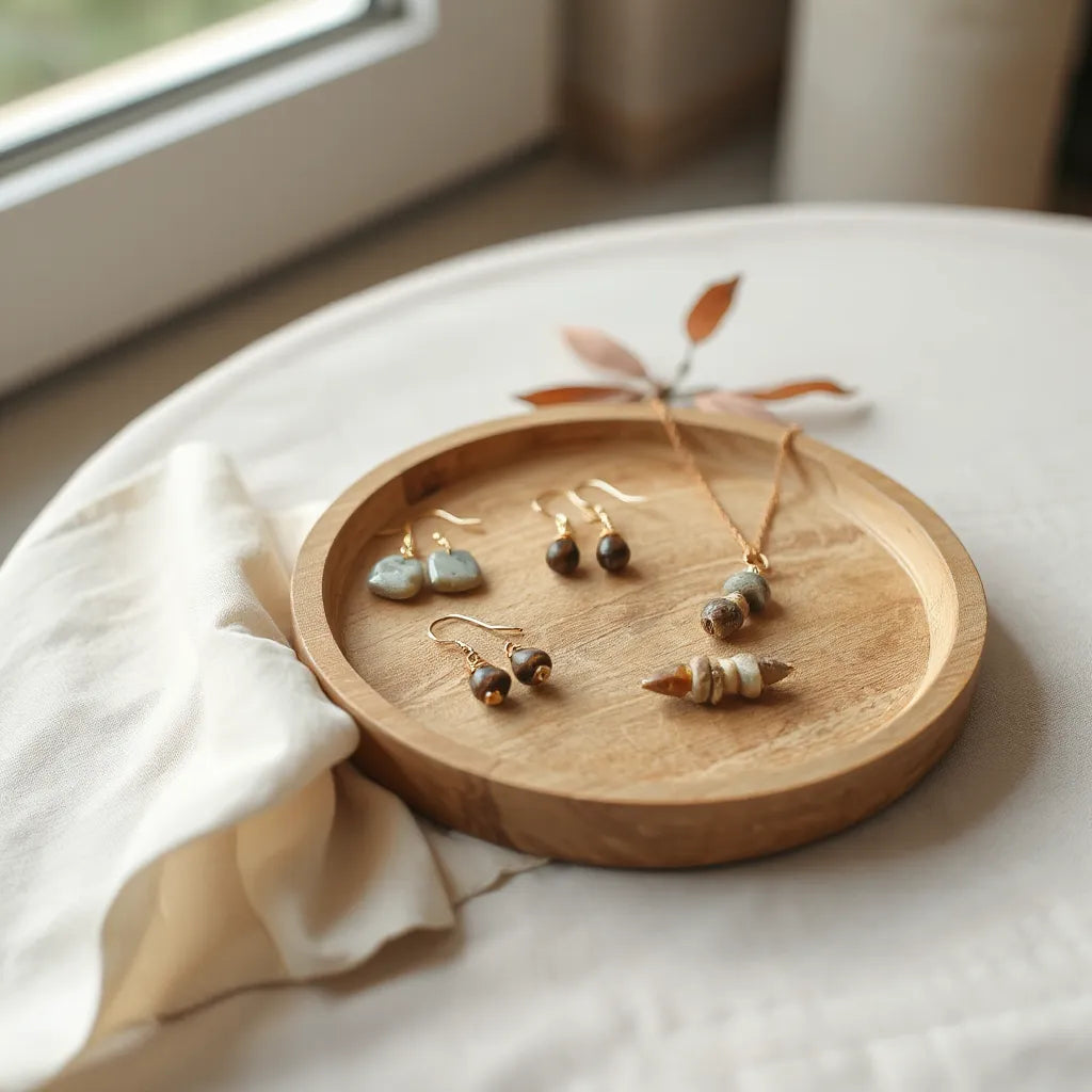 Minimal eco-friendly earrings and a delicate necklace on linen with dried leaves and natural stones