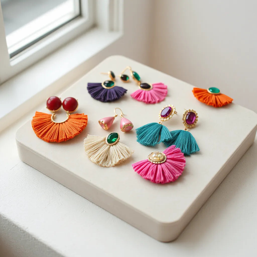 Vibrant colorful statement earrings with bold shapes and gemstone-like accents on a neutral background