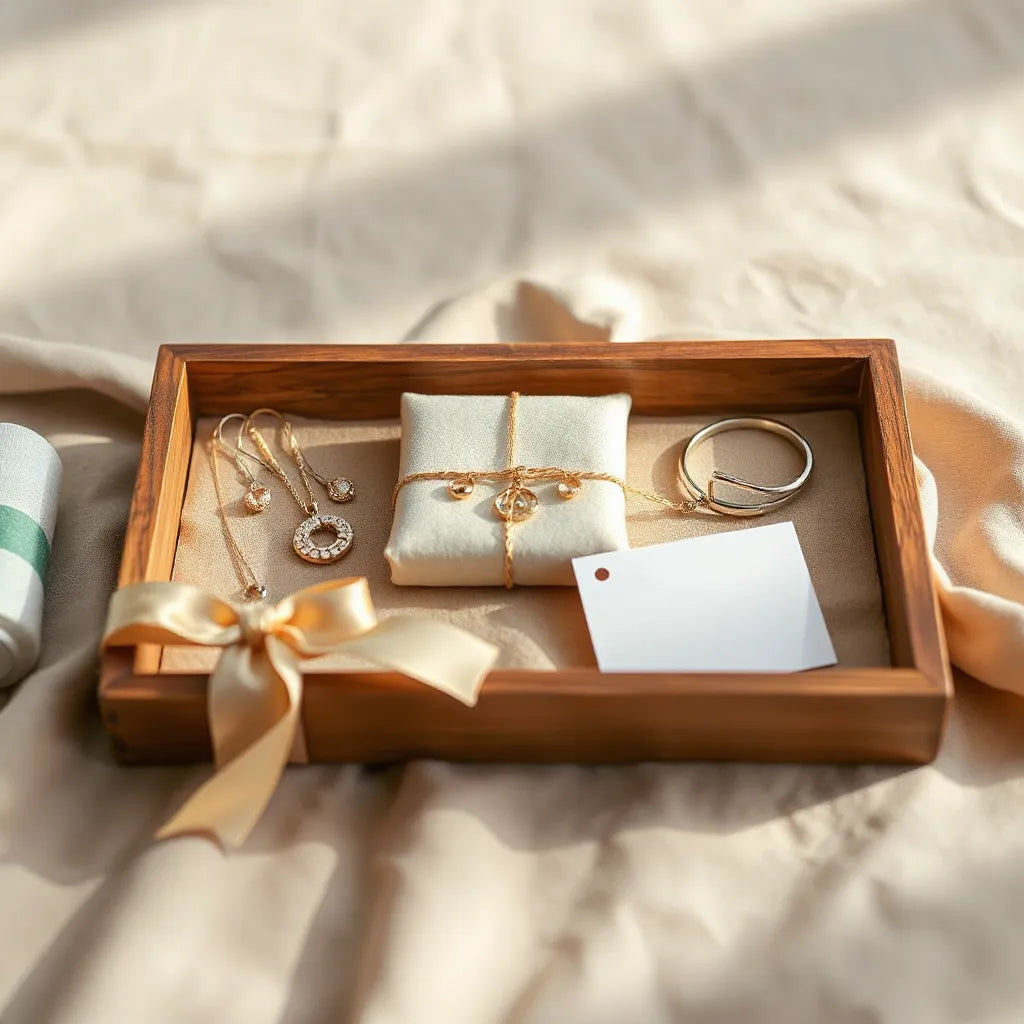Assorted necklaces, earrings, bracelets, and a ring laid in a gift tray with a ribbon