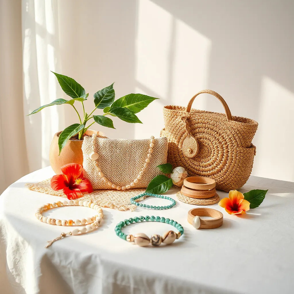 Tropical inspired accessories including shell jewelry and a straw bag on a sunlit table with a hibiscus flower