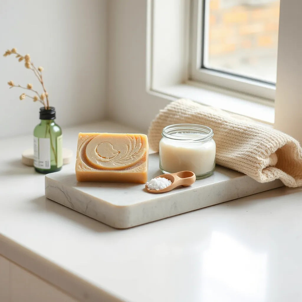 Handmade soap bar, body scrub jar, and bath salts arranged on a stone tray with a neutral washcloth