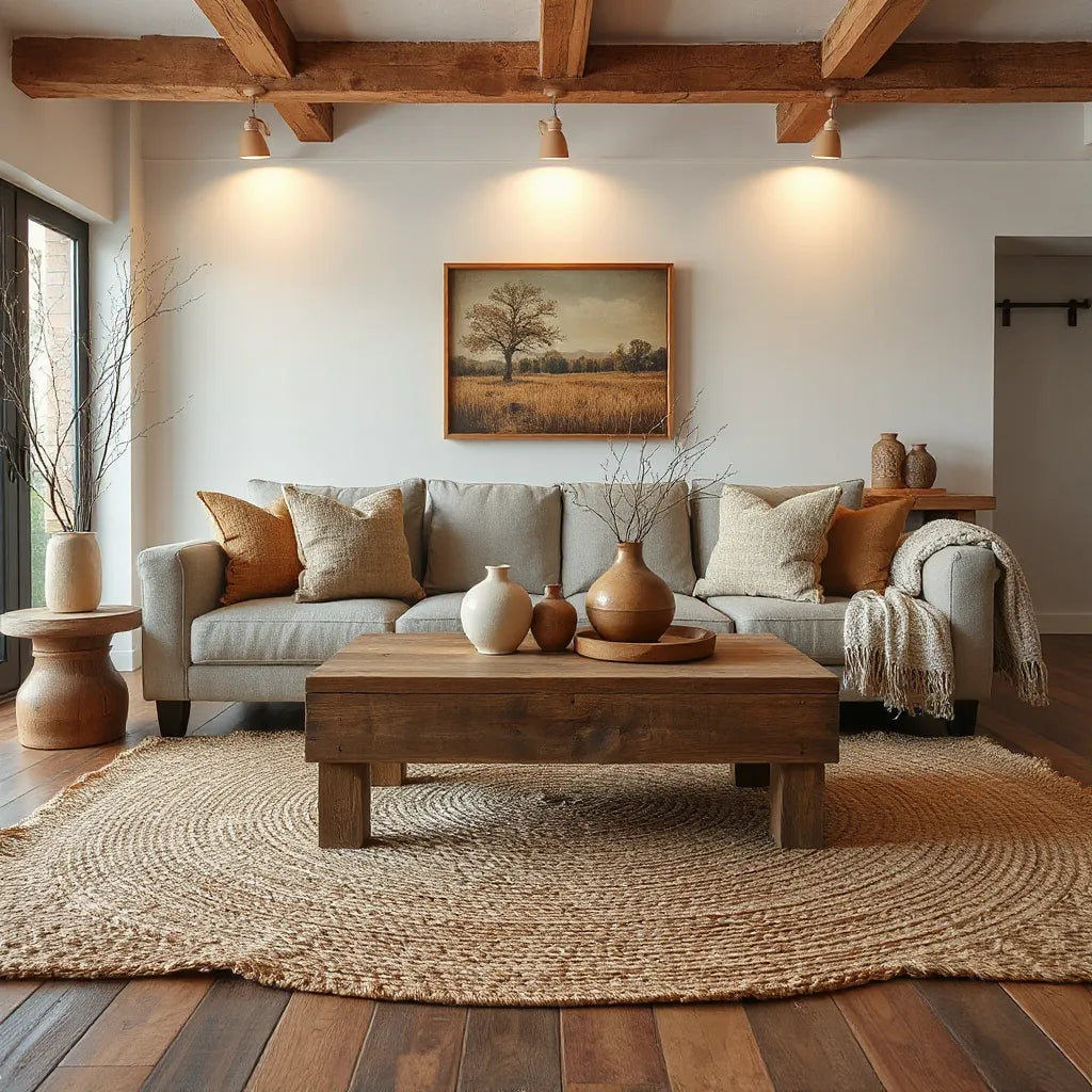 Cozy living room with warm neutral textiles, reclaimed wood table, and ceramic decor with dried branches