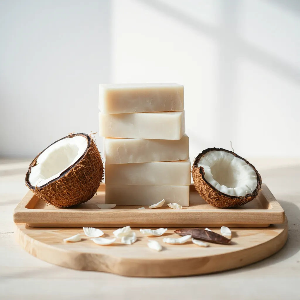Coconut soap bars stacked on a tray beside coconut halves and flakes