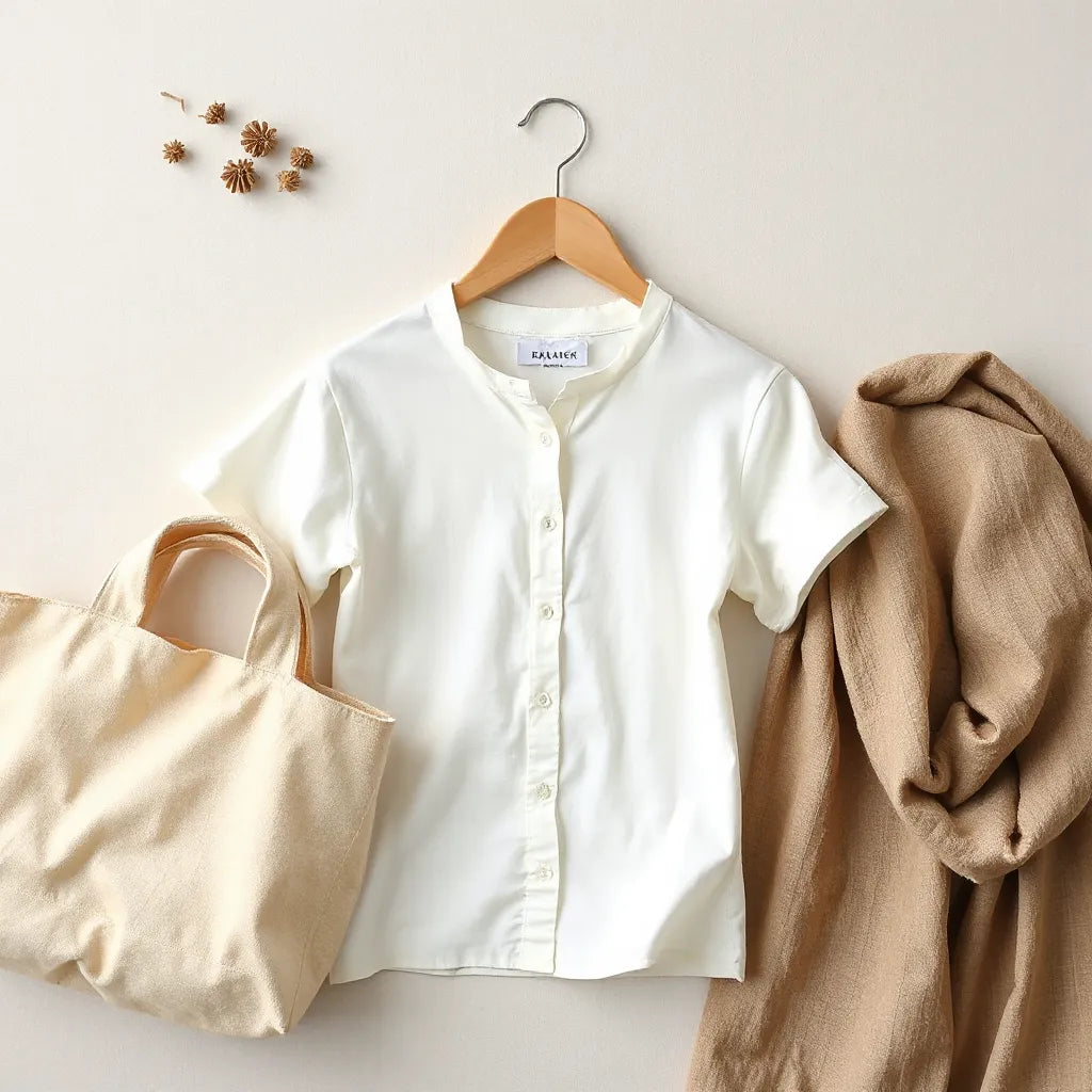 Neatly arranged clothing and accessories made from organic and natural fabrics on a neutral background