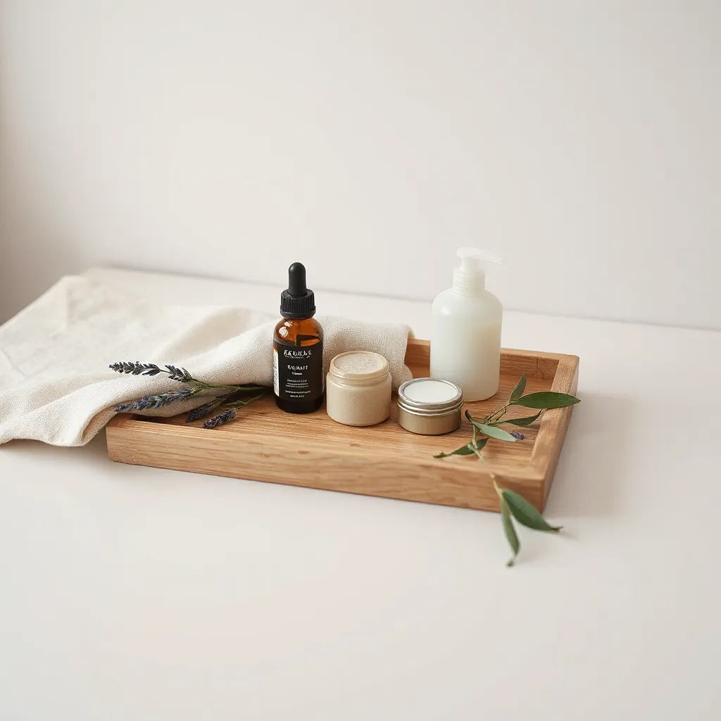 Assorted artisan beauty products on a wooden tray with botanical sprigs on a light vanity
