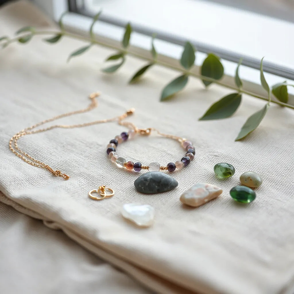 Minimal gemstone bracelets and stud earrings with polished amethyst and rose quartz on neutral fabric