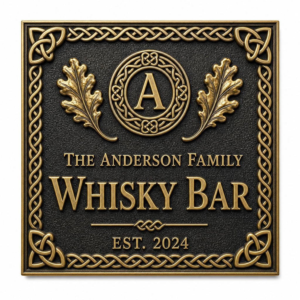 Personalized Home Bar Sign – Antique Brass Celtic Knot, Square