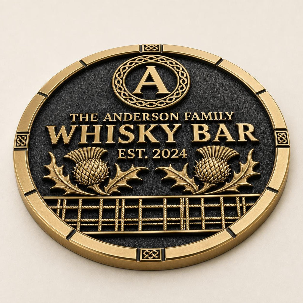 Personalized Home Bar Sign – Antique Brass Thistle, Round