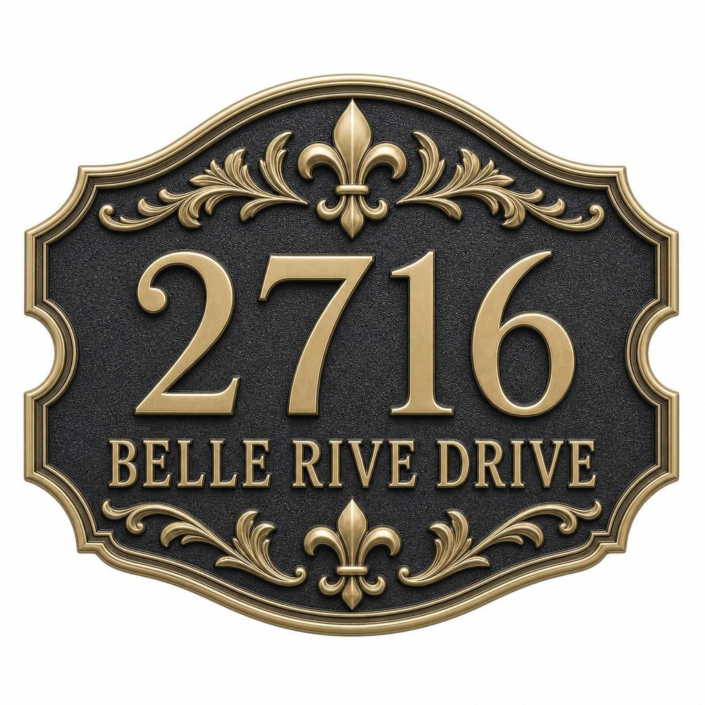 Personalized Address Plaque – Antique Brass Fleur-de-Lis Cartouche
