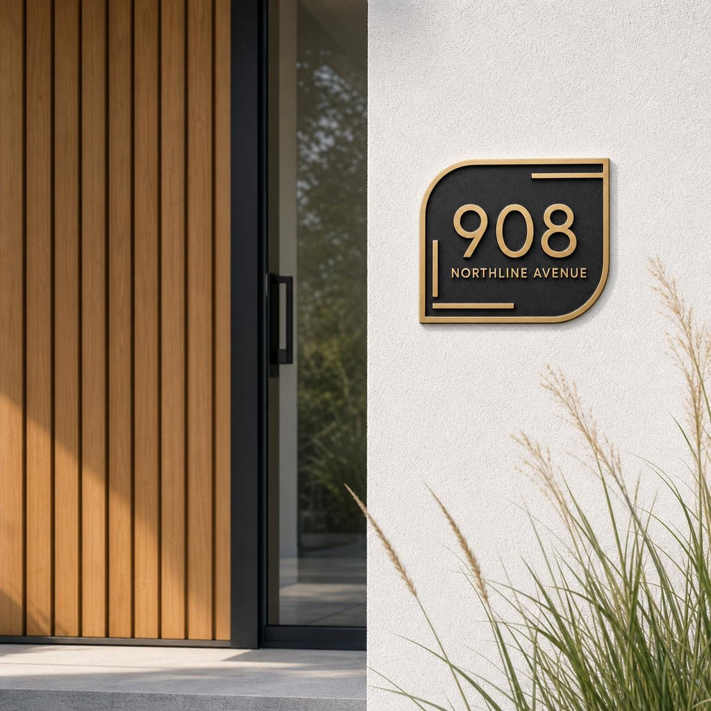 Antique brass address plaque with 908 and Northline Avenue on dark backing, modern asymmetric