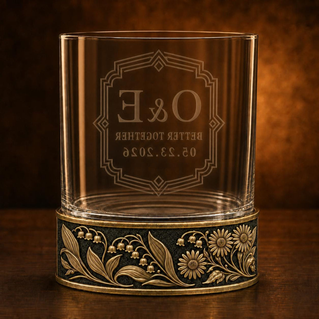 Personalized Birth Flower Whiskey Glass – Daisy and Lily of the Valley, 10 oz