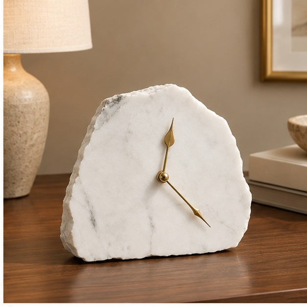 Hand Chipped Large Irregular White Marble Desk/Wall Clock