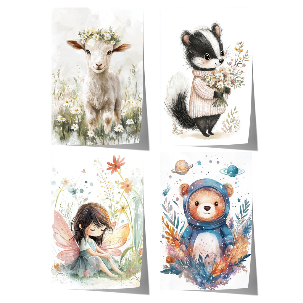 Tiere Kinderzimmer Süß Aquarell Ziege Stinktier Bär Fee Poster · Kinderzimmer Bilder · Wand Deko · Kunst Druck · Deko Print ohne Rahmen