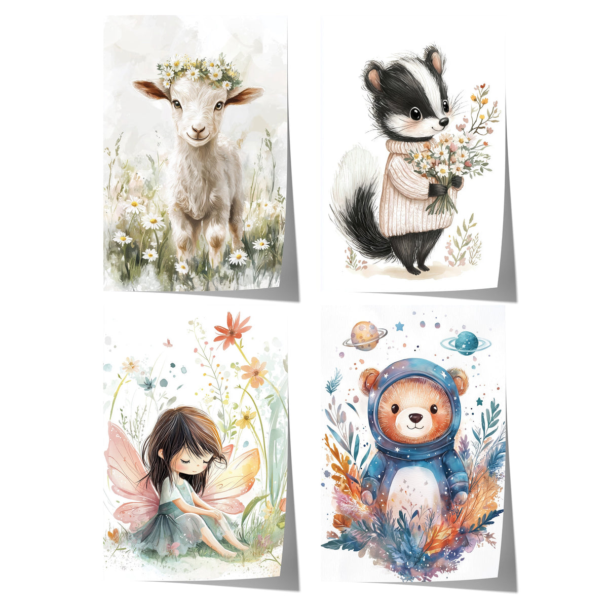 Tiere Kinderzimmer Süß Aquarell Ziege Stinktier Bär Fee Poster · Kinderzimmer Bilder · Wand Deko · Kunst Druck · Deko Print ohne Rahmen
