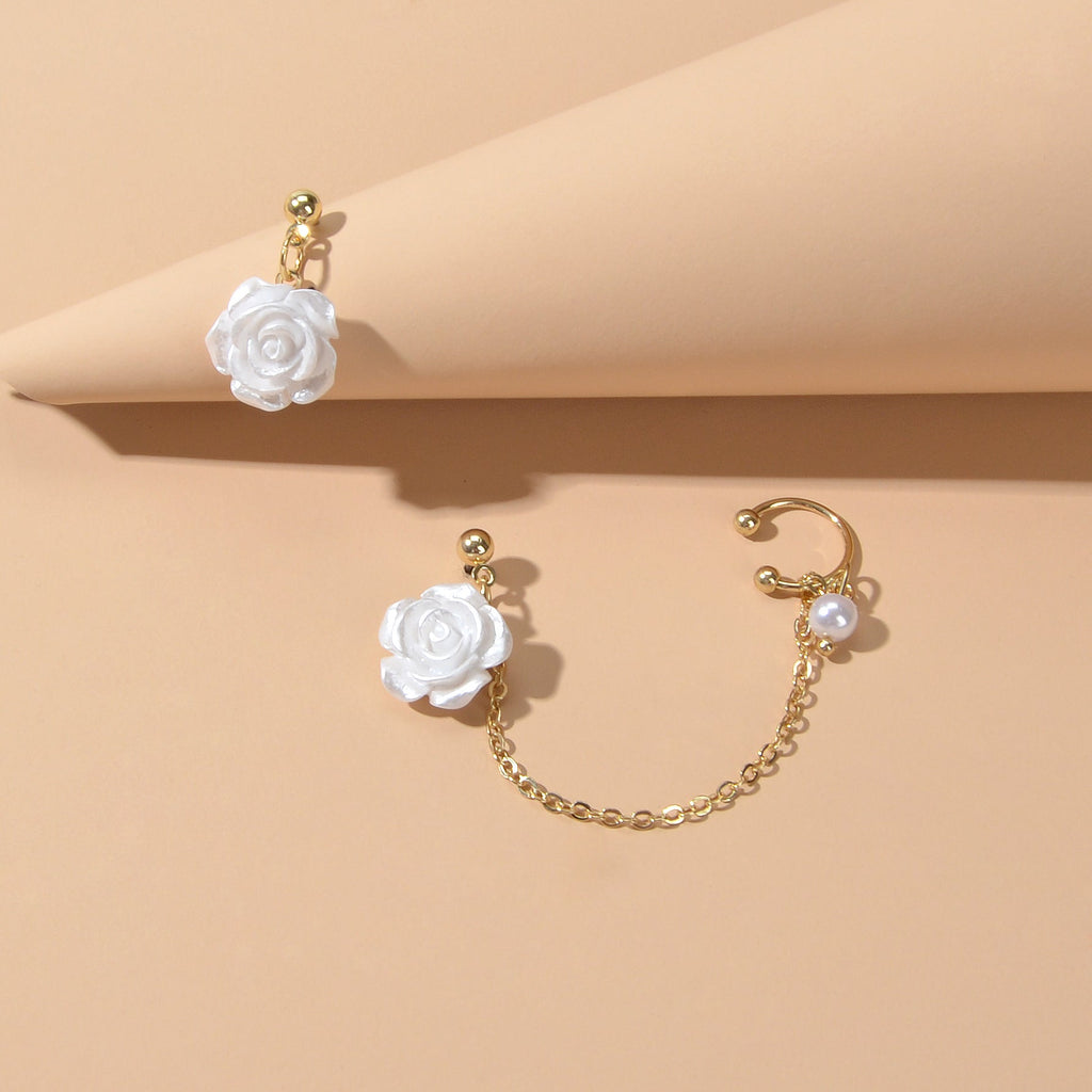 Cartilage Jewelry Pearl White Flower Ear Cuff Stud Cartilage Asymmetric Earrings