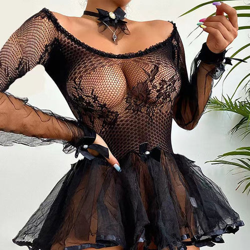 Black lace babydoll with off-shoulder neckline, mesh sleeves, and layered tulle skirt