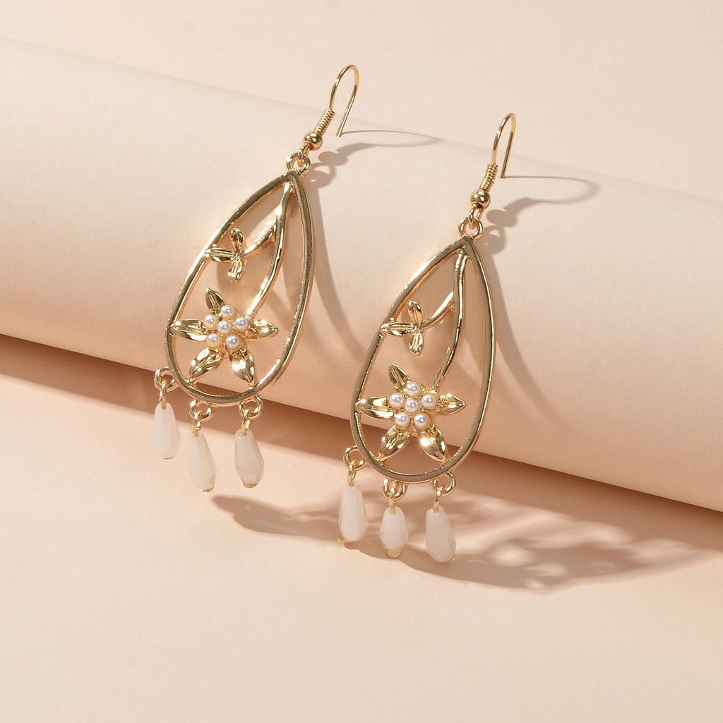 Courtly Style Pearl Flower Beads Charm Hollow Water Drop Dangle Hook Earrings