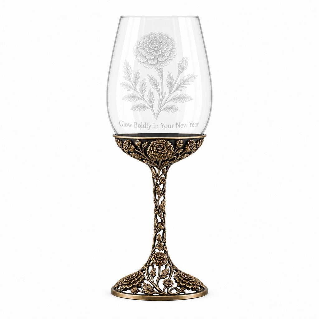 October Marigold Wine Glass, Personalised Birth Flower, Openwork Brass Stem, Custom Etched Gift