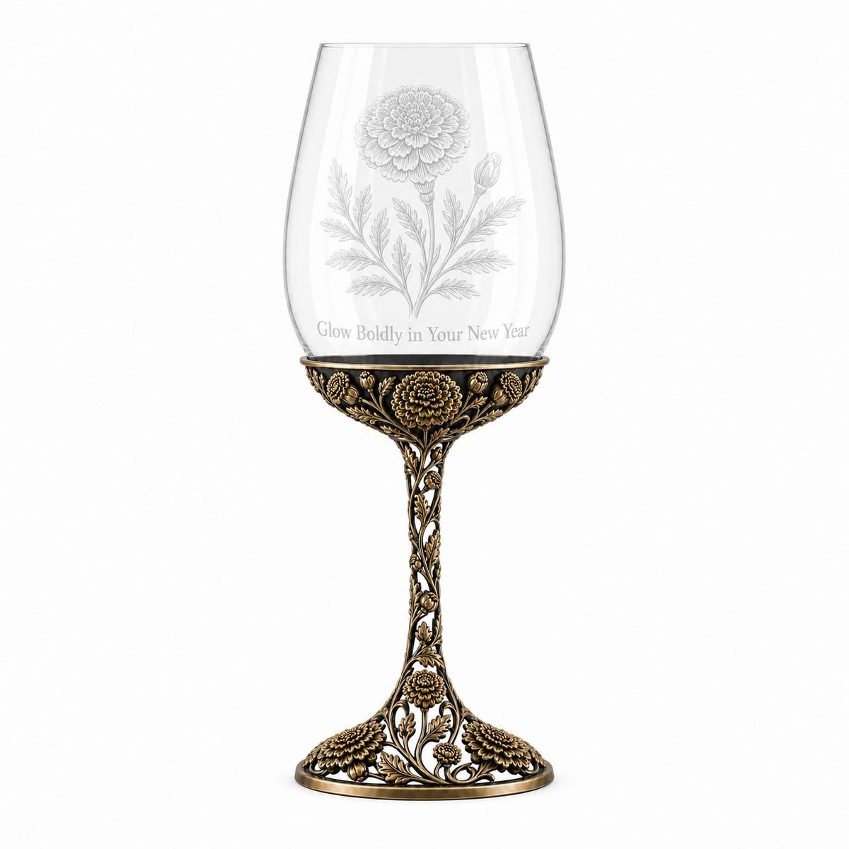 October Marigold Wine Glass, Personalised Birth Flower, Openwork Brass Stem, Custom Etched Gift