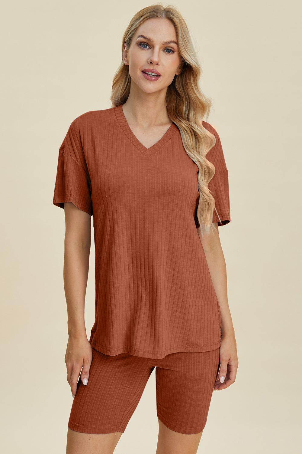 Basic Bae Full Size Ribbed V-Neck Top and Shorts Set For Women - n/a at Dealshubindia
