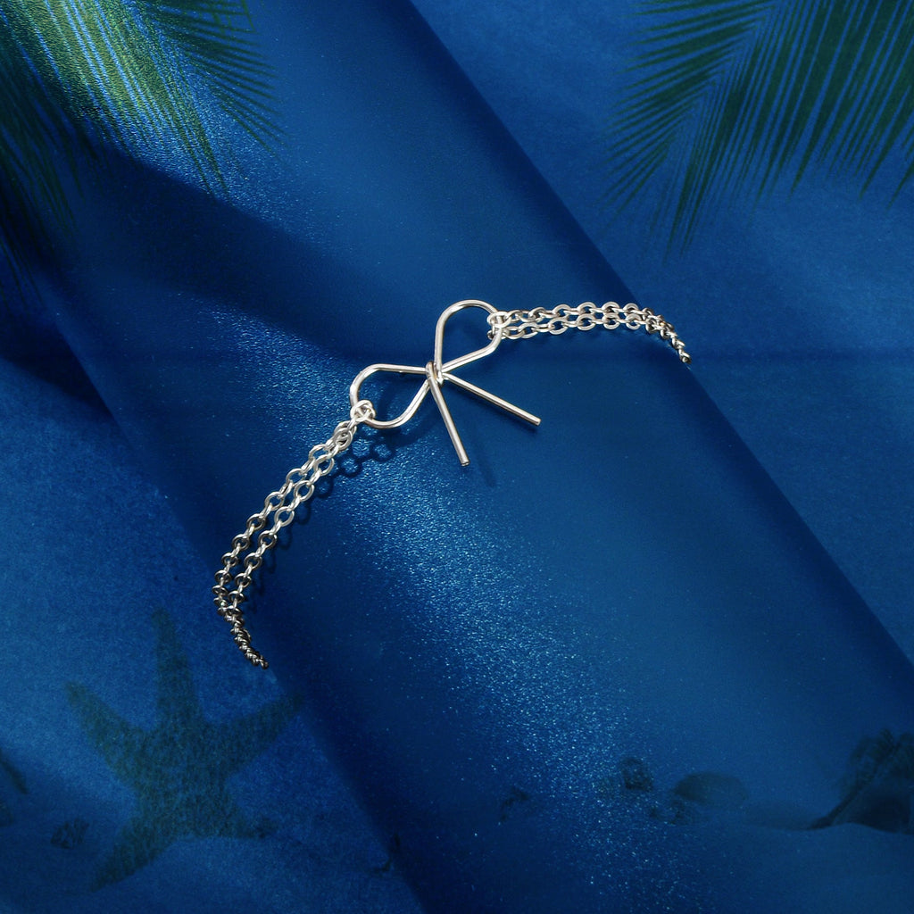 Minimalist Summer Gold Silver Bow Double Layer Chain Anklet Holiday Foot Jewelry