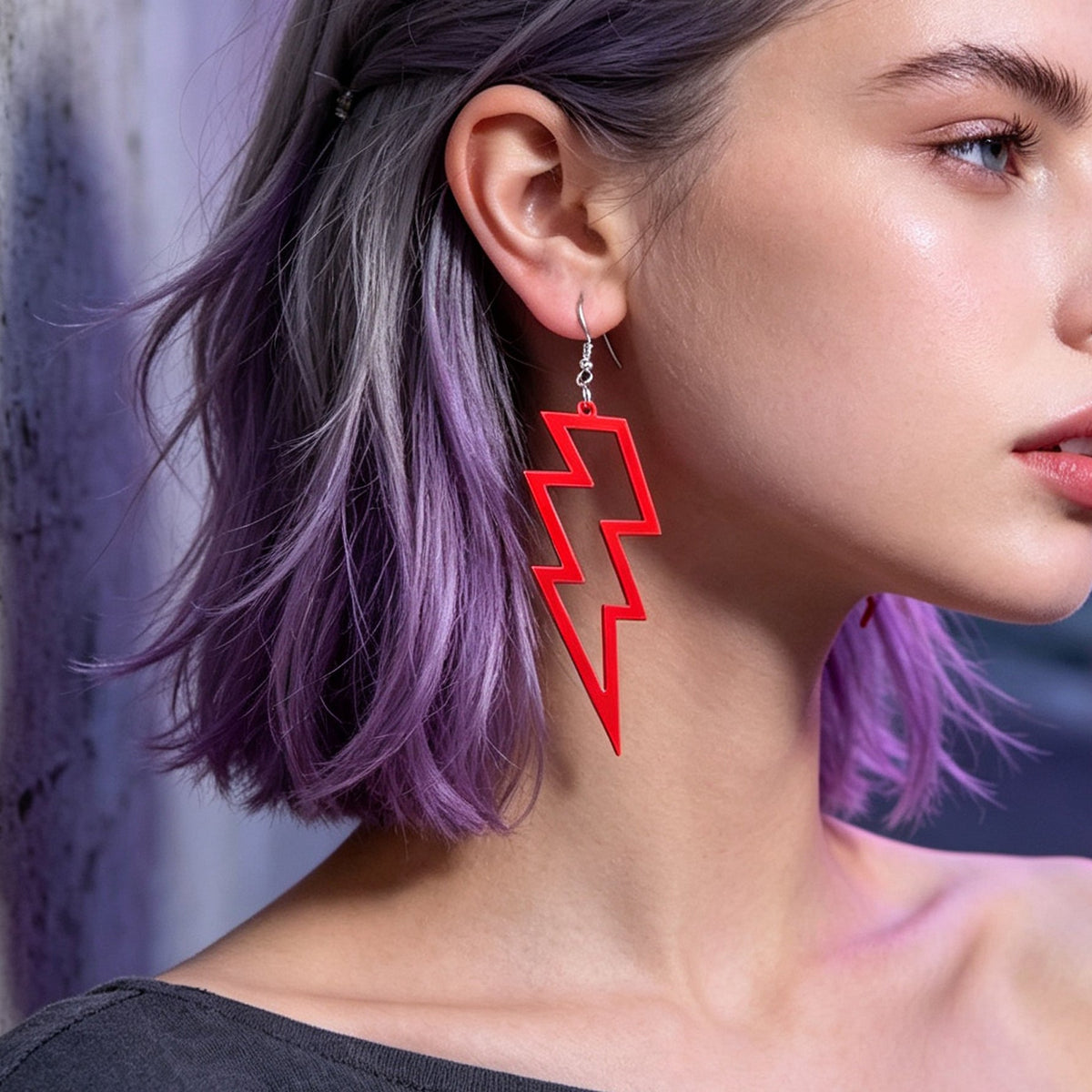 Red lightning bolt dangle earrings with silver hooks