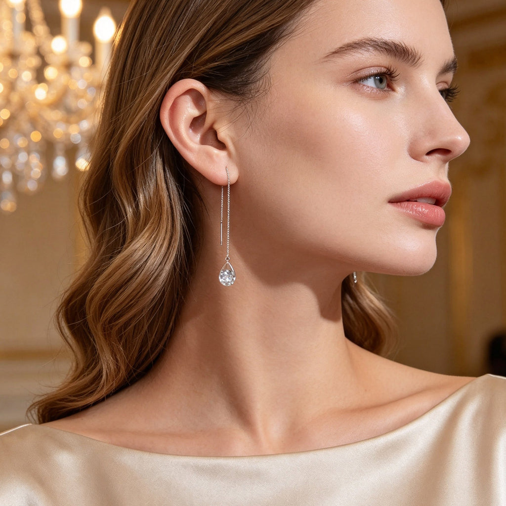 Silver Long Thin Chain Glitter Water Drop Dangle Earrings Dainty Ear Line Elegant Party Banquet Jewelry