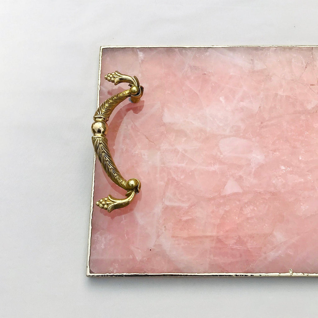 Rose Quartz Serving Tray with Brass Handles