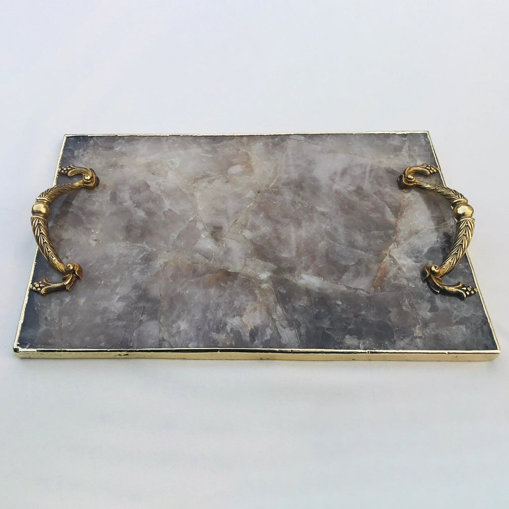 Smoky Quartz Serving Tray with Brass Handles-0