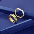 Set of pearl and gold-tone bead elastic heart rings, multicolor enamel and white pearls