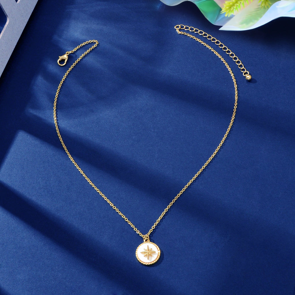 Gold Star White Round Charm Necklace Girl's Party Gift Starlights Disc Jewellery