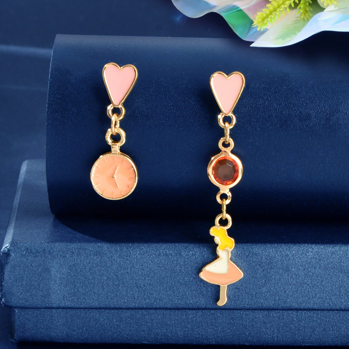 Cartoon Pink Heart Clock Dancer Asymmetric Drop Earrings Women Girls Dainty Gift