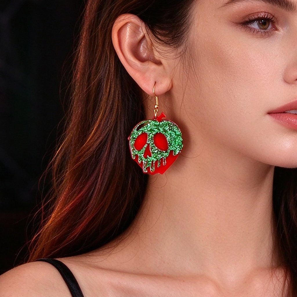 Green glitter skull drop earrings with heart top, red eyes, dangling hook design