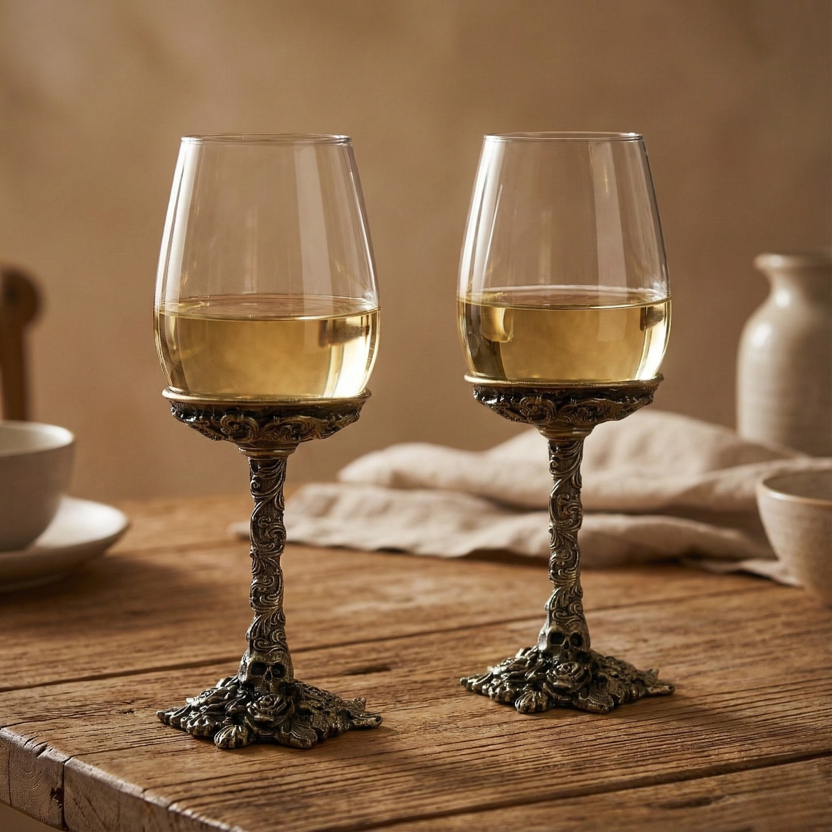 Set of 2/Set of 4 - Gothic Skull & Roses Wine Glasses