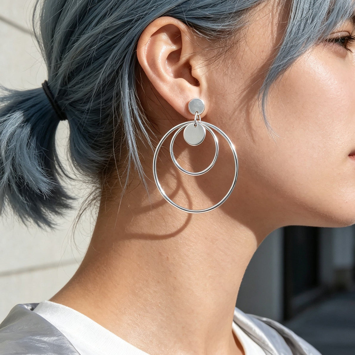 Silver double-hoop drop earrings with top disc and large circular ring