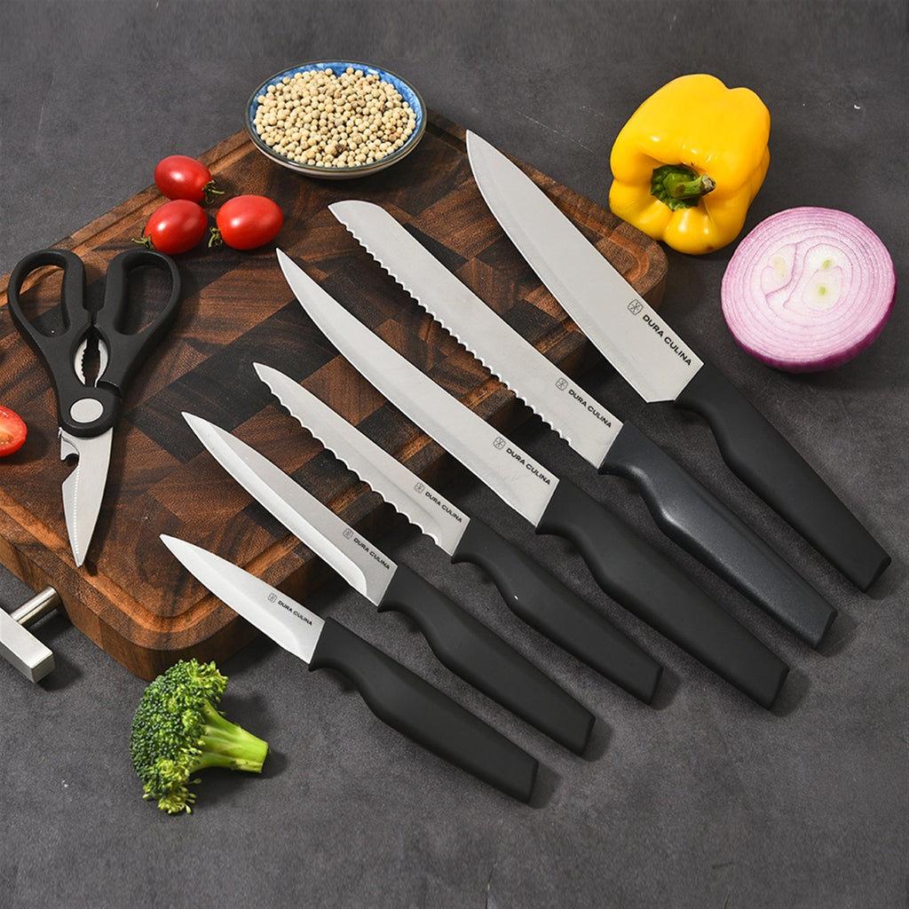 14-Piece Knife Block Set - High Carbon Stainless Steel with Ergonomic Handles, Built-In Sharpener, Black Wood Storage Block - Kitchen Knives at Dealshubindia