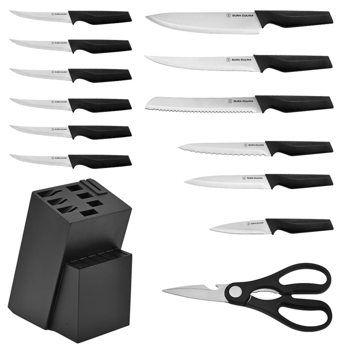14-Piece Knife Block Set - High Carbon Stainless Steel with Ergonomic Handles, Built-In Sharpener, Black Wood Storage Block - Kitchen Knives at Dealshubindia