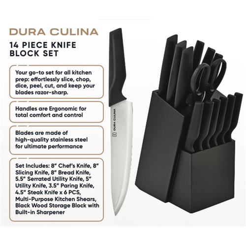 14-Piece Knife Block Set - High Carbon Stainless Steel with Ergonomic Handles, Built-In Sharpener, Black Wood Storage Block - Kitchen Knives at Dealshubindia