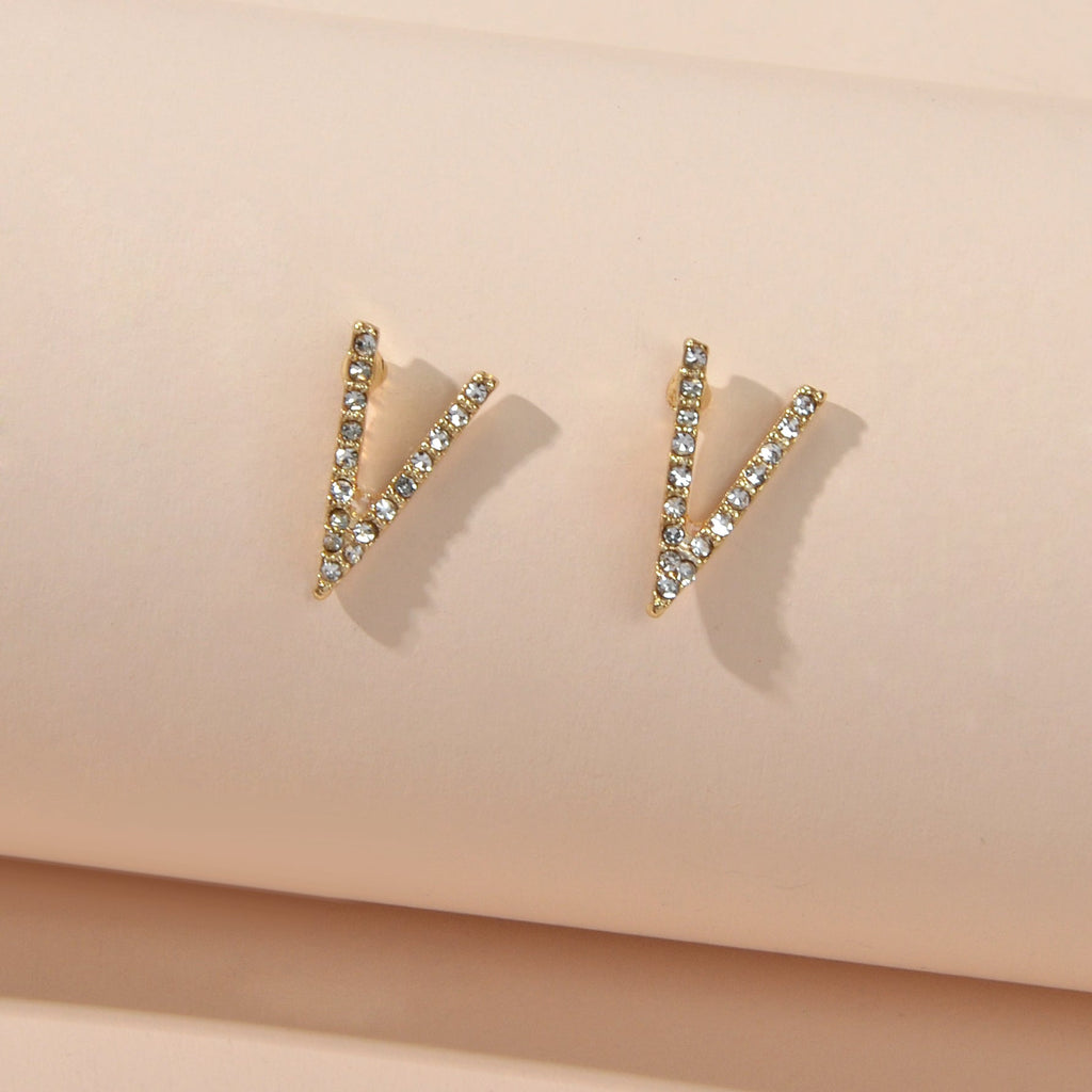 Gold Plated Rhinestone Decor V shape Stud Pierced Personality Geometric Earrings