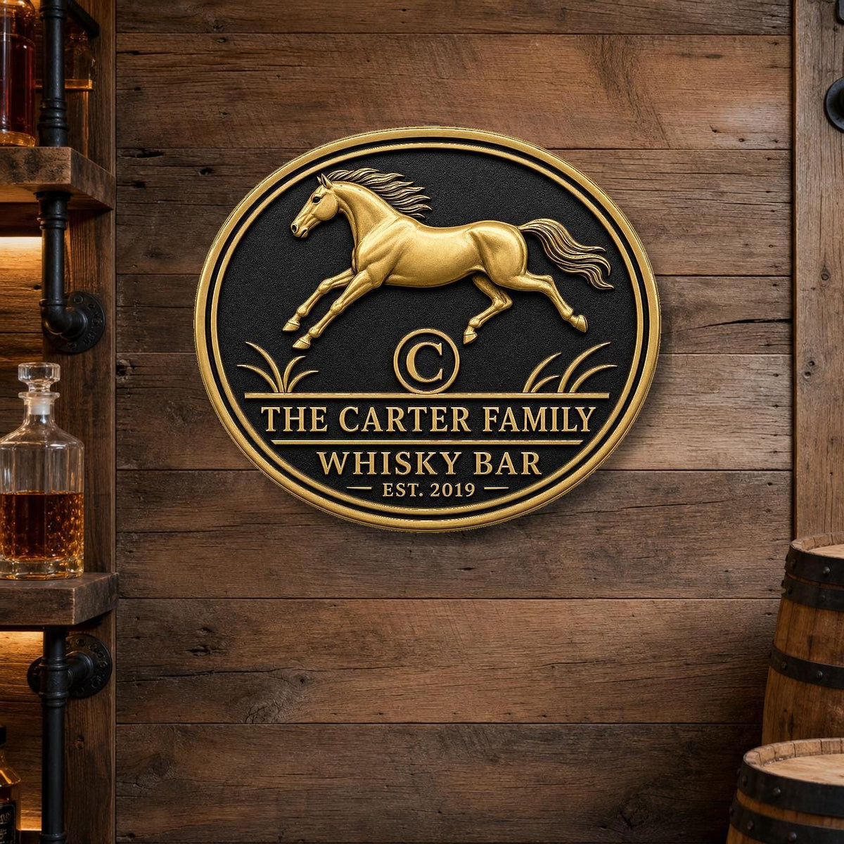 Personalized Home Bar Sign – Antique Brass Running Horse, Oval
