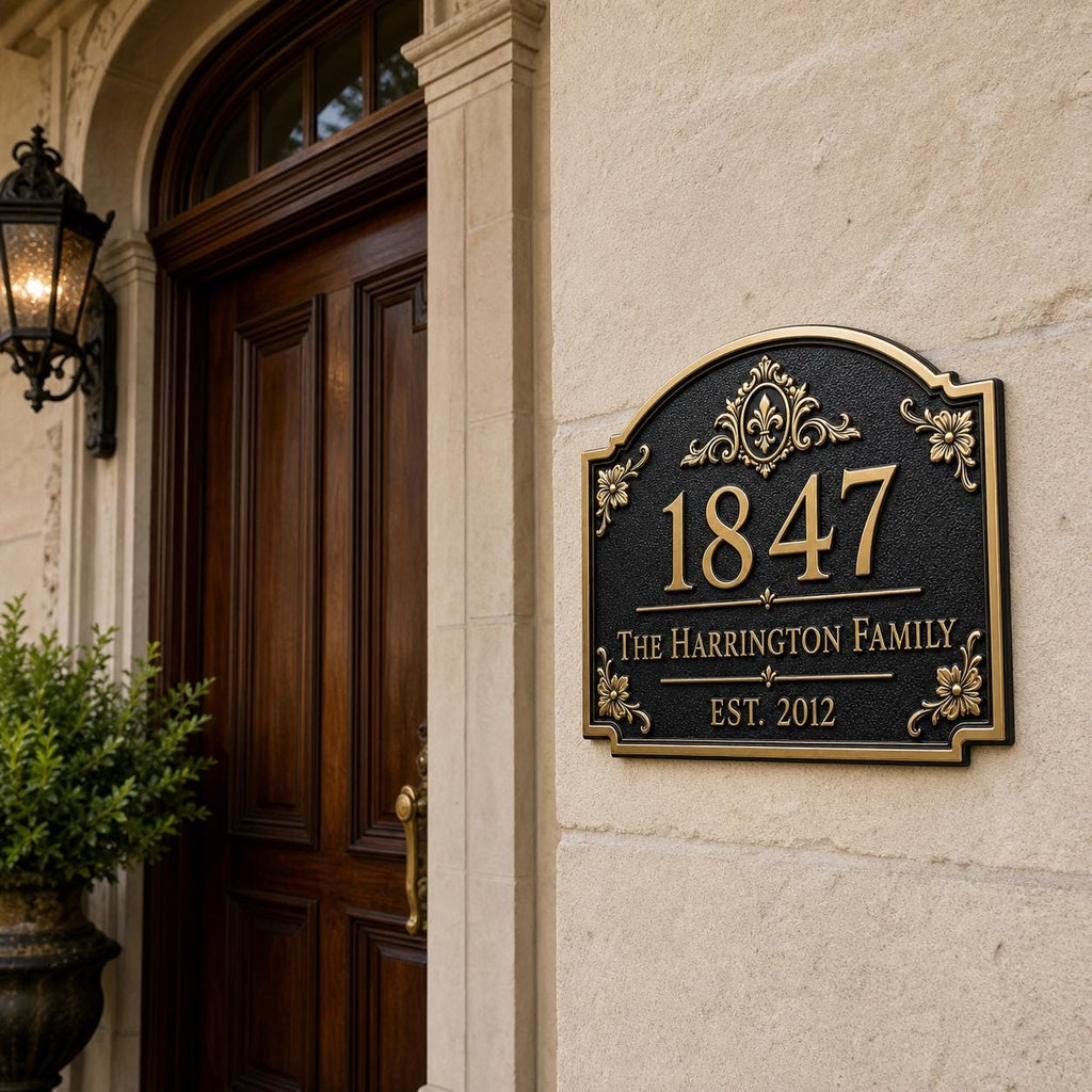 Personalized Address Plaque – Antique Brass Fleur-de-Lis Arch