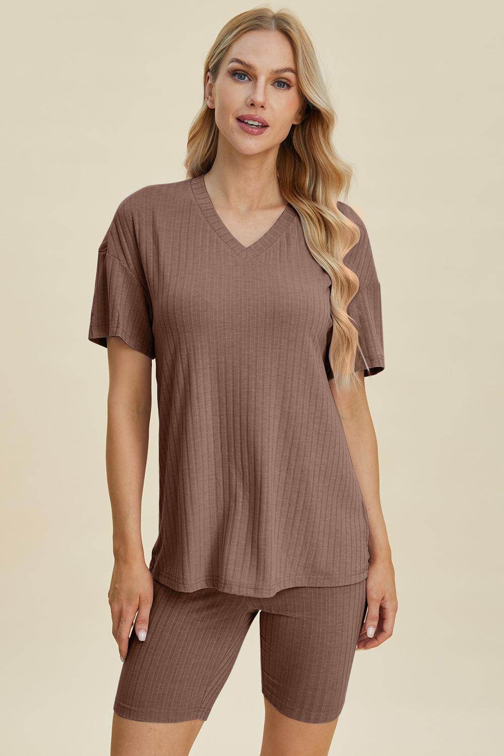 Basic Bae Full Size Ribbed V-Neck Top and Shorts Set For Women - n/a at Dealshubindia