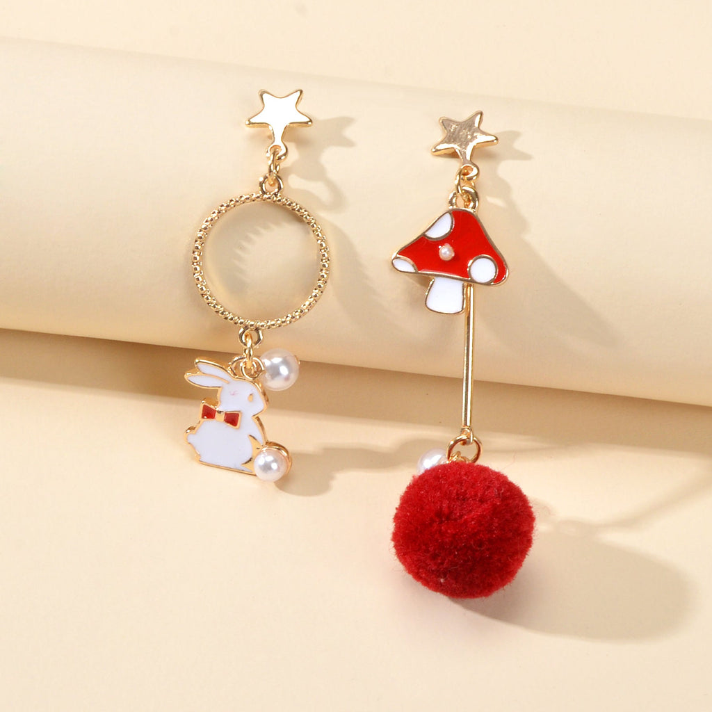 Red White Enamel Easter Rabbit Bunny Mushroom Ball Charm Asymmetric Earrings