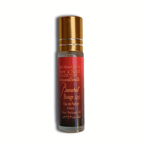 Perfume oil roll-on bottle with gold cap and red label, 10 ml size