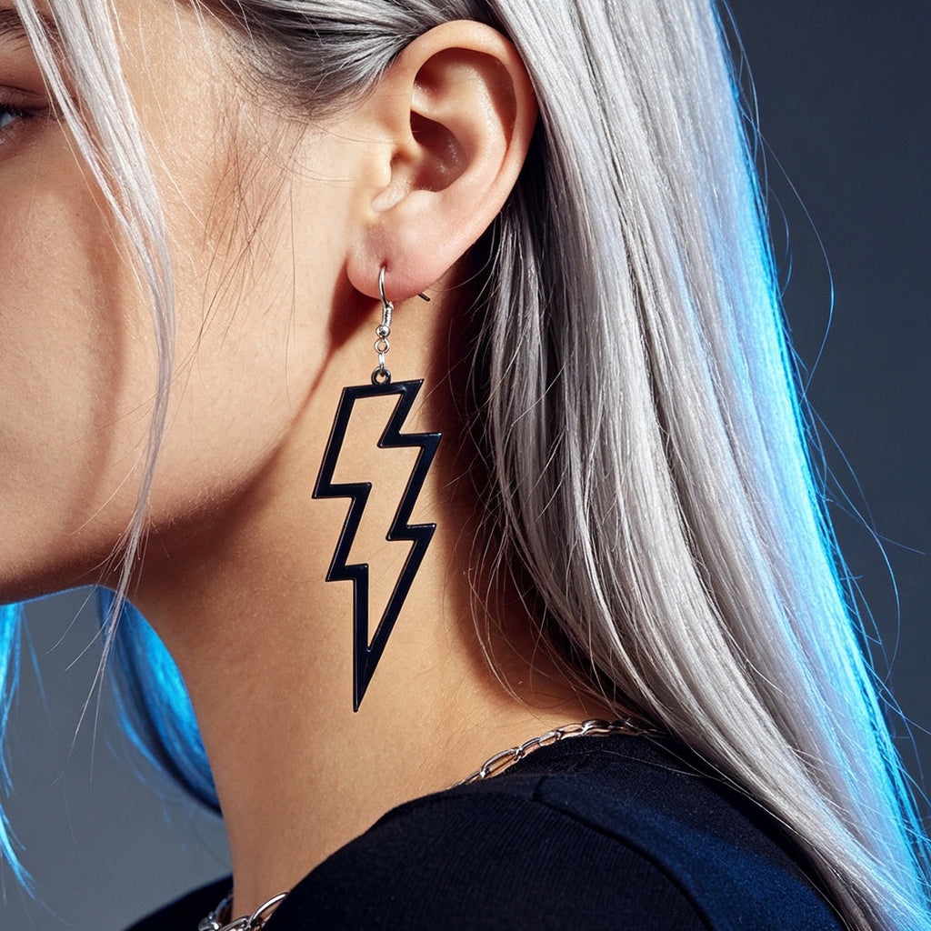 Black lightning bolt dangle earrings with silver hooks