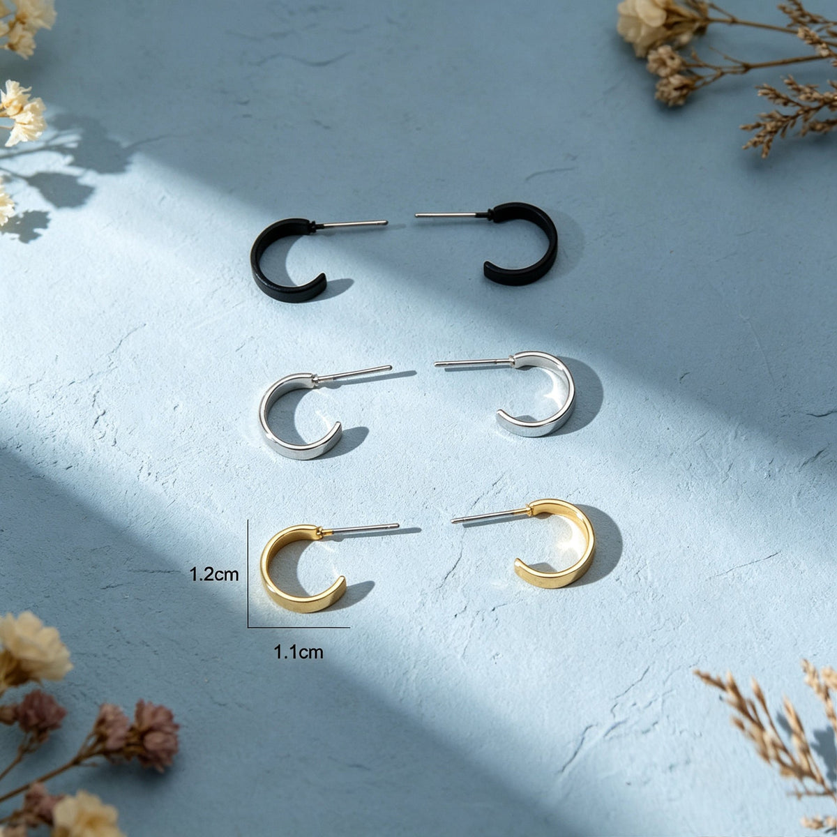 3 pairs Gold Silver Black Cute Hoop Stud Earrings Set Punk C-Shape Jewellery