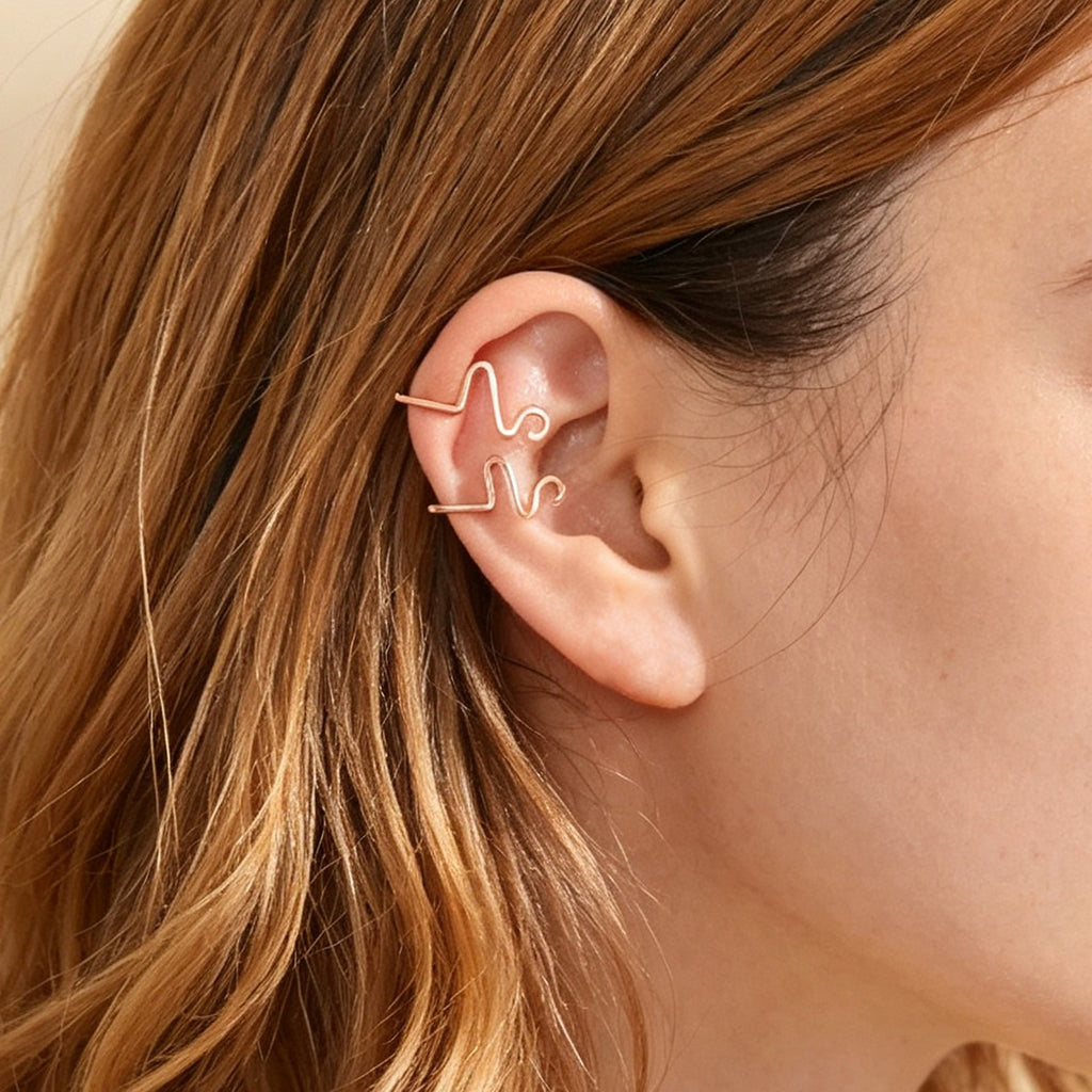 Rose gold wave ear cuff set of two on ear, no-piercing cartilage clips