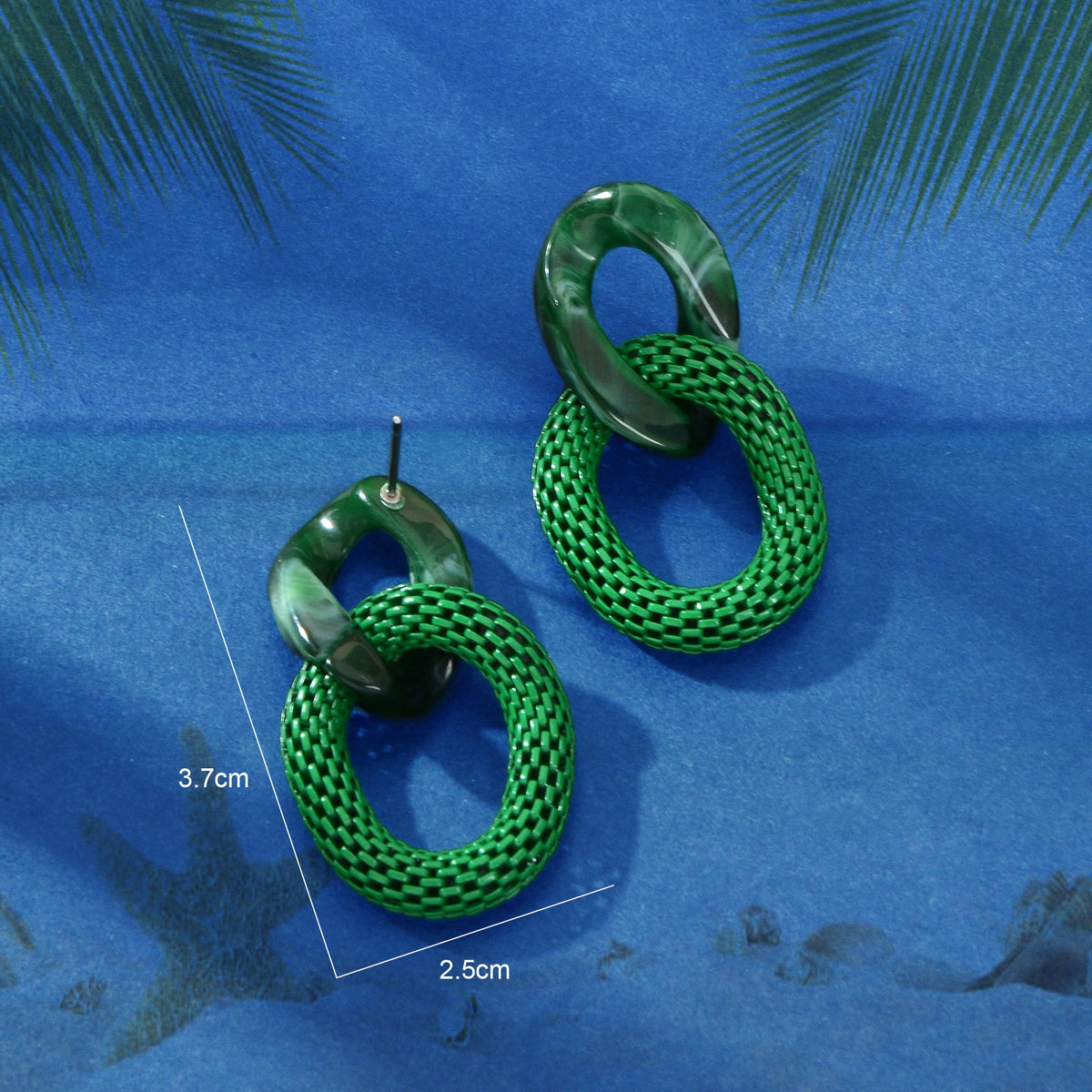 Green resin hoop chain-link drop earrings with oval rings, size 3.7cm x 2.5cm