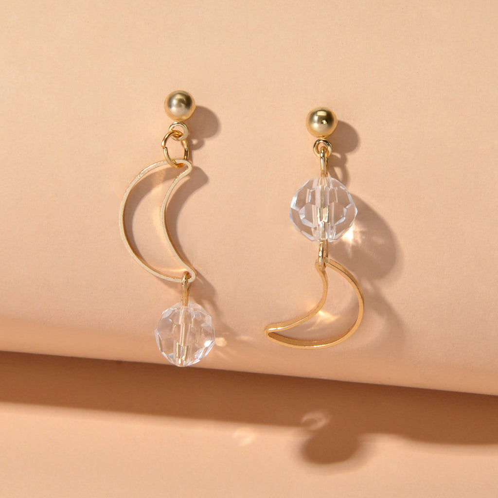 Minimalist Gold Metal Moon Star Transparent Beads Asymmetric Pierced Earrings